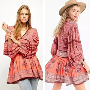 NEW Free People Luna Scarf Print Tunic in Red Bohemian Festival Floral Paisley